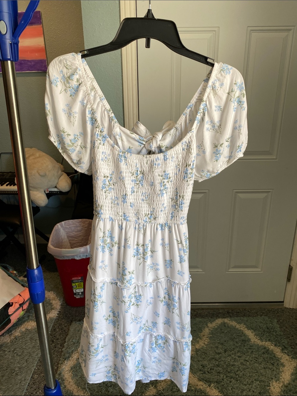 Hollister White Dress with Light Blue Floral Print and Back Tie